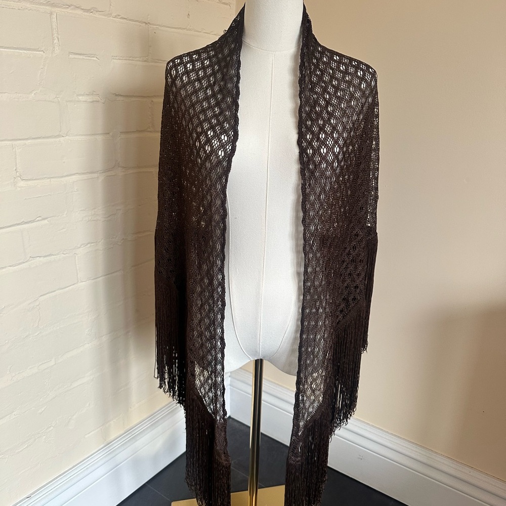 Elegant Brown Crochet Shawl with Fringe